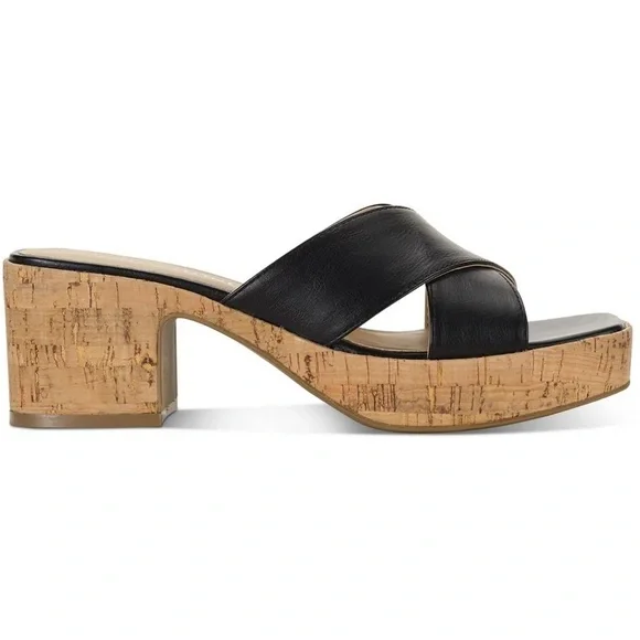 NIB Sun + Stone Womens Giigi Faux Leather Slide Block Heels Black Size 7.5 - Picture 2 of 9